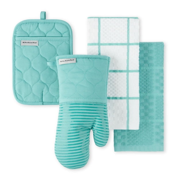 Juego de 4 guantes acolchados de algodón rizado para horno, soporte para ollas y paños de cocina KitchenAid Aqua Sky