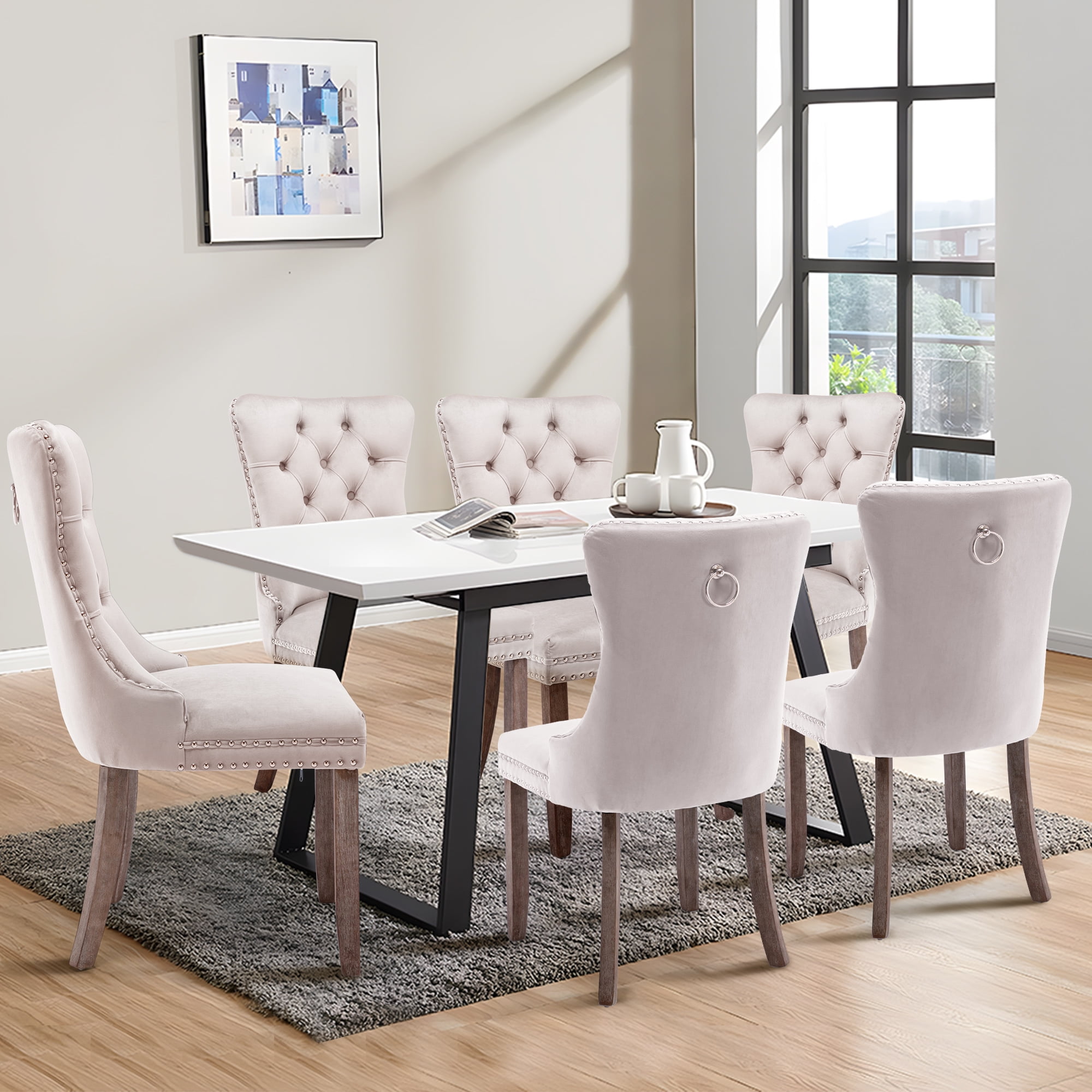 DONICK Velvet Beige Upholstered Dining Chairs Set of 2, Kitchen & Dining Room Chairs Nailheads Tufted Soft Solid Wood Frame