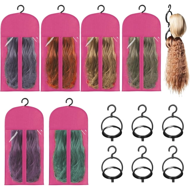 6 Pcs Wig Bags Storage with Wig Hanger Dust-Proof for Multiple Wigs Hanging Storage Bags Organizer Foldable Easy Carry Suitable for Home Travel Hair Salon Rose