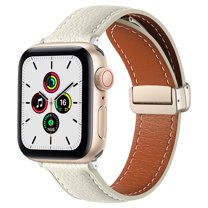 Lychee Pattern Genuine Leather Bands Magnetic Buckle Design Strap for Apple Watch Series 9/8/7/6/5/4/3/2/1/SE/Ultra 1/Ultra 2 (42mm,44mm,45mm,49mm),White