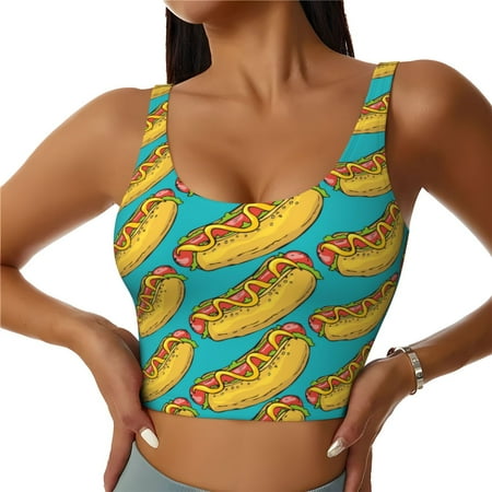 Qokaie Hot Dogs 8 Pattern Womens Scoop Neck Sports Bra Breathable Workout Vest Padded U Back Medium Impact Fitness Gym Yoga Bra Workout Crop Top-XX-Large