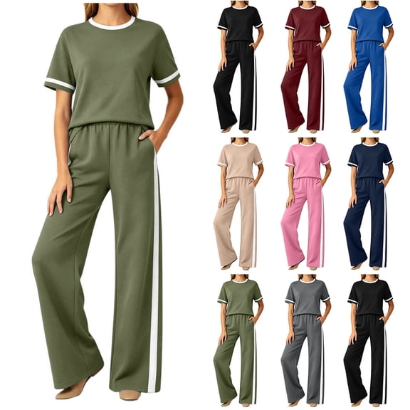 Oksale Pants Sets Women 2 Piece Outfits Petite Cozy Loose Short Sleeve Tops Stretch High Waisted Straight Leg Pants with Pockets Green S
