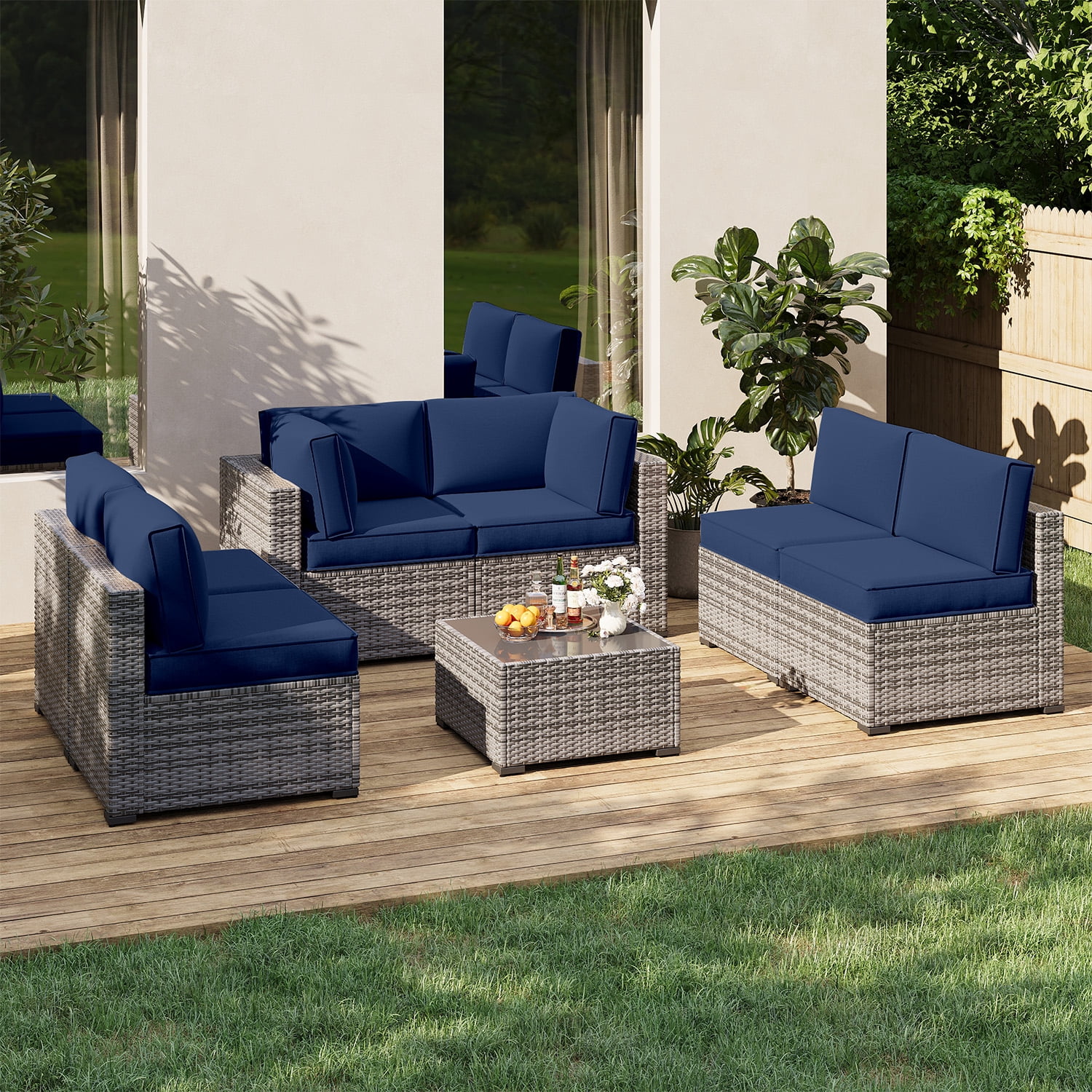 Clouddwell 14-Piece Outdoor Cushion Set for 6-Seat Wicker Sectional - Waterproof, High-Resilience Foam (Navy Blue)