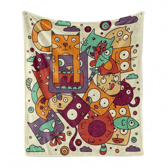 Urban Graffiti Soft Flannel Fleece Throw Blanket, Humorous Doodle of Square Faced Hungry Cats and Fishes Funny Characters, Cozy Plush for Indoor and Outdoor Use, 70" x 90", Multicolor, by Ambesonne