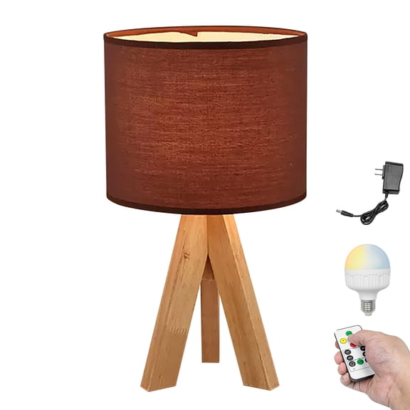 Kiven Cordless Table Lamp, Dimmable Desk Lamp with Brown Fabric Lampshade, Farmhouse Rechargeable Nightstand Lamp with Wood Base for Reading Home Decor Office Shelf, 1-Light