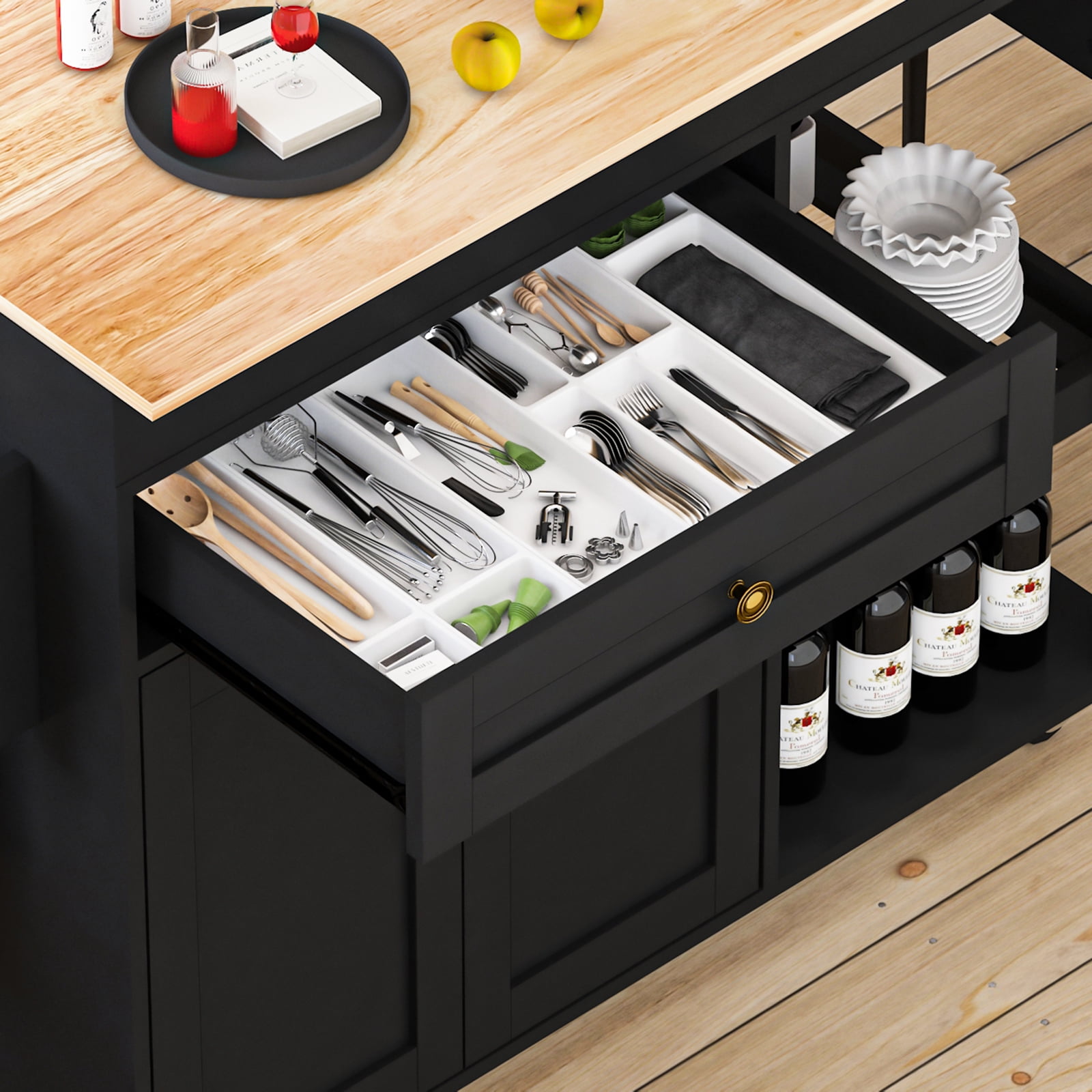 JassmiPkwy 77.8 " Rolling Kitchen Island with Extendable Dining Table, with Wheels, Sided Storage Shelf, Black