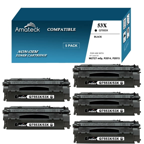 Amateck Compatible High Yield Toner Cartridge Replacement for Q7553X 53X Black 5 Pack for P2015, P2015d, P2015dn, P2015x, M2727 MFP, M2727nf MFP, M2727nfs MFP