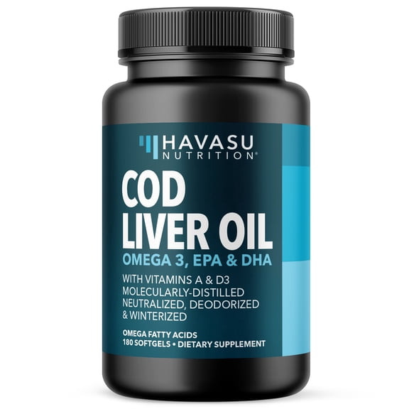 Havasu Nutrition Cod Liver Oil Softgels with Omega 3, EPA, & DHA, Fish Oil with Vitamins A and D3, 1000mg, 180 Count