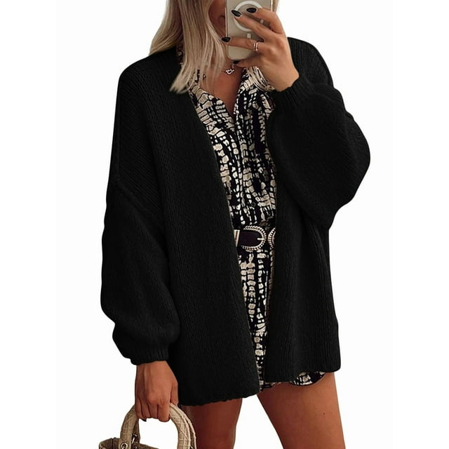 Cardigans Surdimensionnés pour Femmes Automne Manches Longues Lanterne Tricoté Ouvert Noir TG