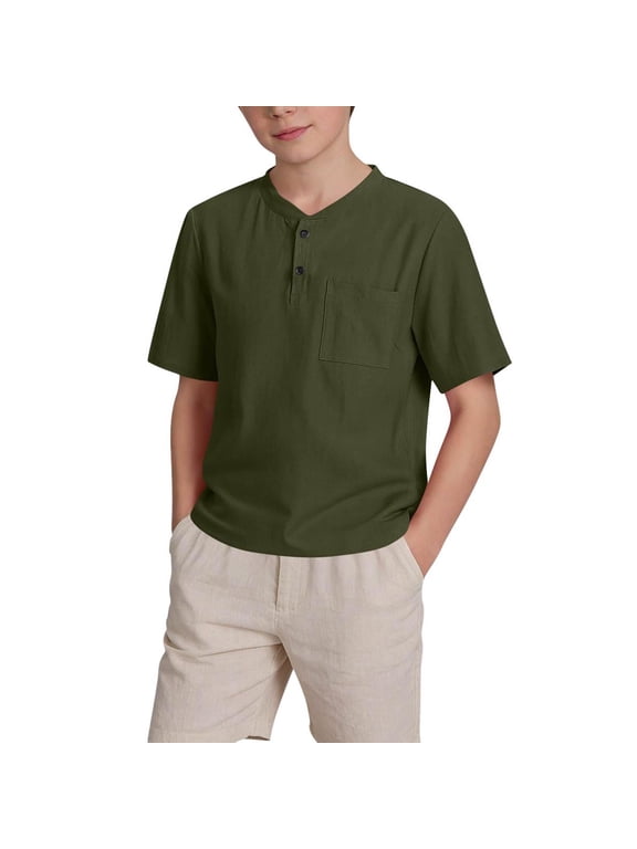 Boys' Henley Short Sleeve T-Shirt Lightweight Solid Color with Chest Pocket Casual Tee