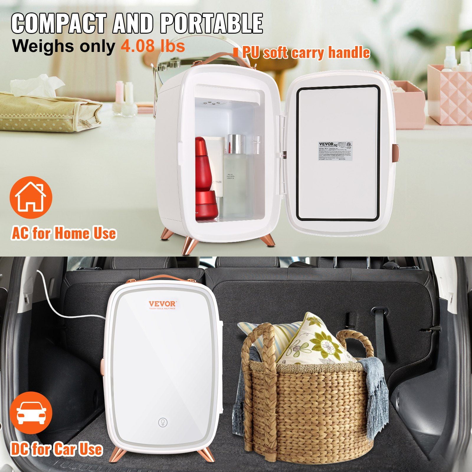 HCY Mini Fridge for Bedroom, 6L Luxury Skin Care Fridges with Mirror and LED Light, AC/DC Cosmetic Fridge for Office Dorm Car, Small Makeup Refrigerator for Beauty Face Mask Beverage Chill, White