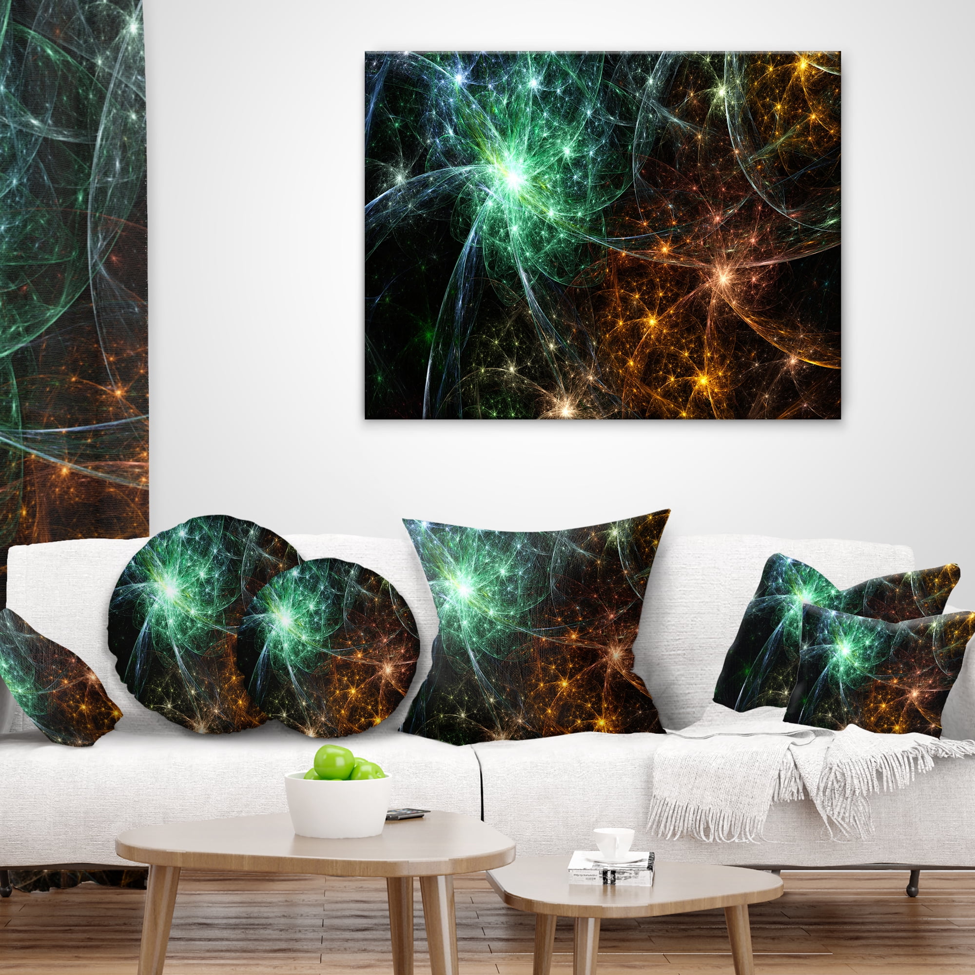 Designart Green Orange Colorful Fireworks - Abstract Throw Pillow - 16x16