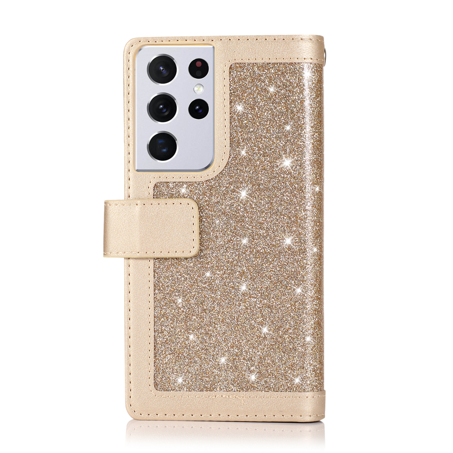 Galaxy S21 Ultra Wallet Case,Allytech Bling Flip Folio PU Leather Magnetic Kickstand Cell Phone Cover with Credit Card Holder,Zipper Pocket Wrist Strap for Samsung Galaxy S21 Ultra 5G 6.8 Inch, Gold - image 3 of 7