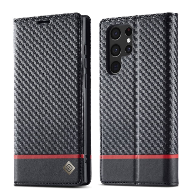 for Samsung Galaxy S23 Ultra 6.8" Carbon Fiber Flip Wallet Case with Card Slots Kickstand Function Magnetic Closure Shockproof Protective Folio Leather Case,A