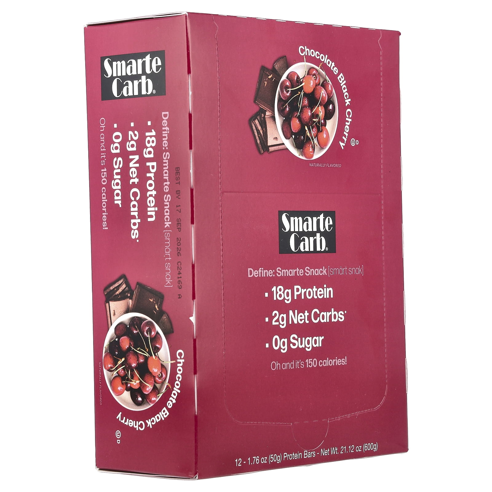 NuGo Smarte Carb Chocolate Black Cherry, 18g Protein, 0g Sugar, 2g Net Carbs, 150 Calorie, 12 Count