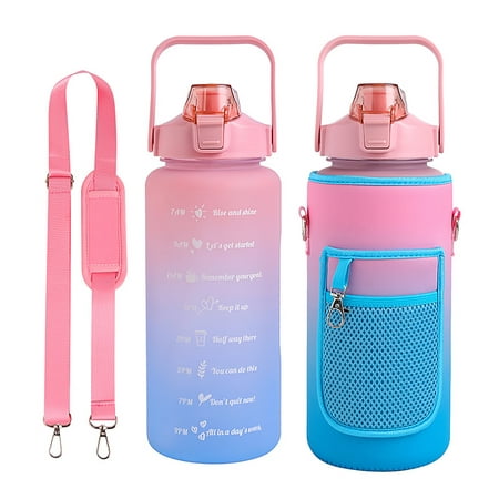 

Half Gallon Water Bottle with Sleeve & Strap 64 OZ Water Bottle Motivational with Straw & Time Marker to Drink Leakproof Tritan BPA Free Workout Gym Sport Water Jug Women Men with Neoprene Holder