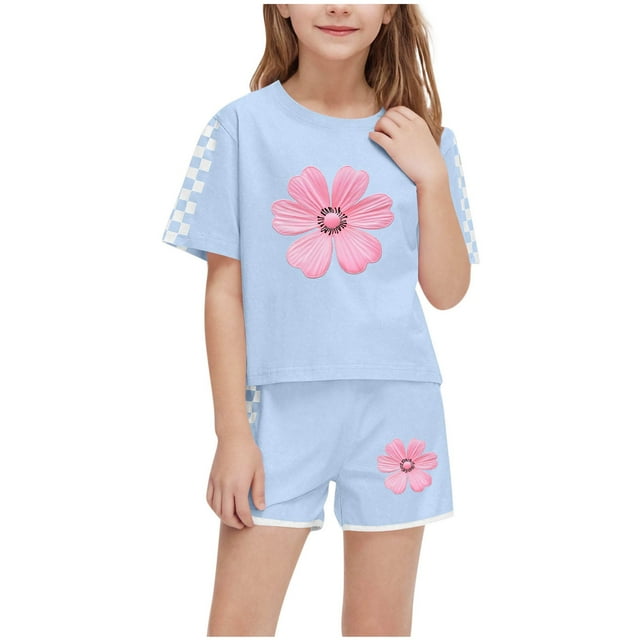IFNWSV Ensembles d'Été pour Filles Mode Décontractée Manches Courtes Col Rond Col Bouton Imprimé Ensembles de Shorts 7 Ans