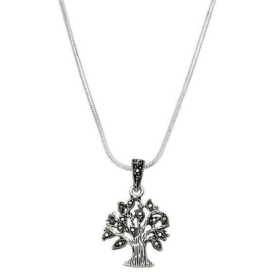 Tree of Life Pendant Necklace Hematite Rhinestone Crystal Rhodium Plated 17 Inch Snake Chain J0185