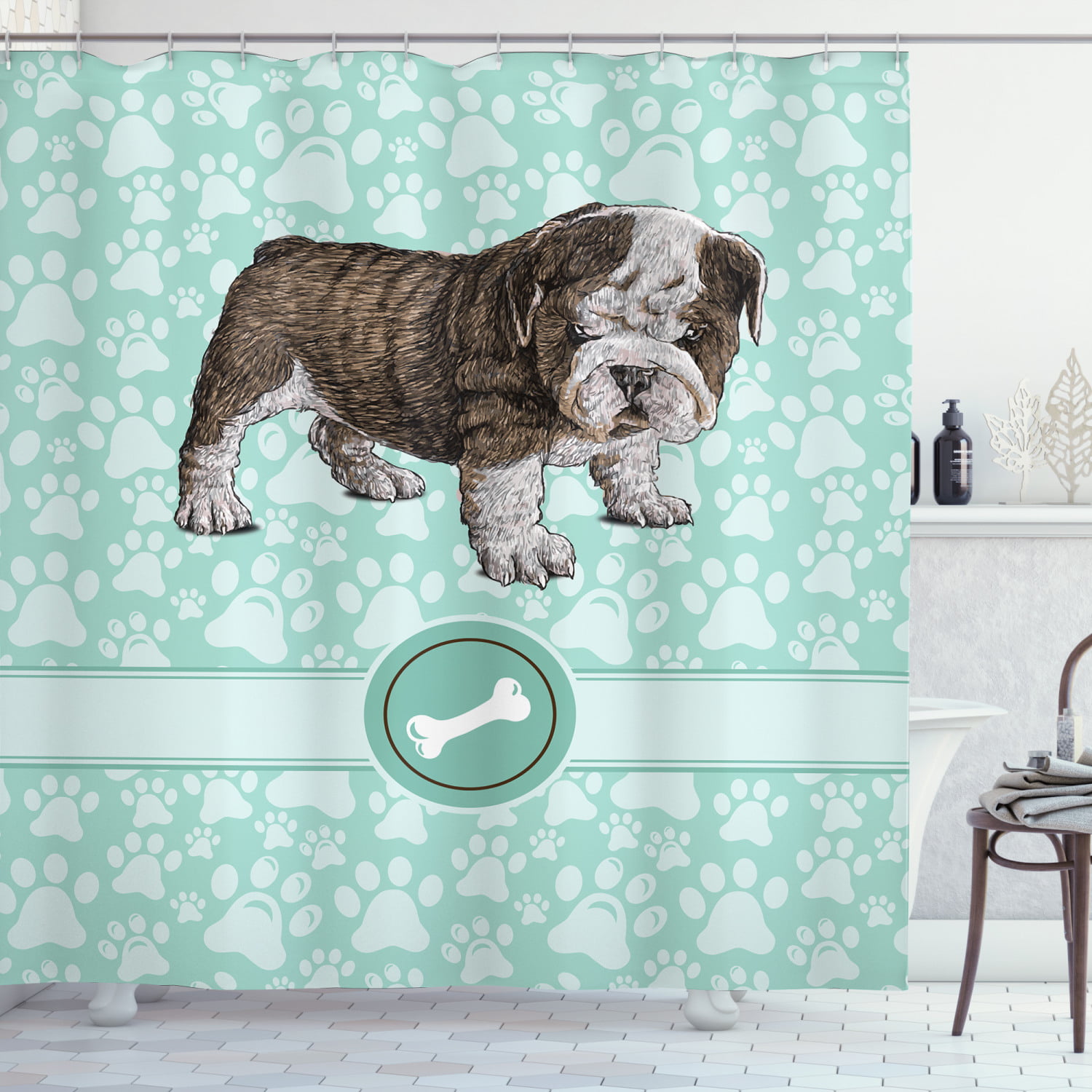 Adorable Bulldog Cute Puppy Bone Teal and White Shower Curtain Extra Long 84Inch 