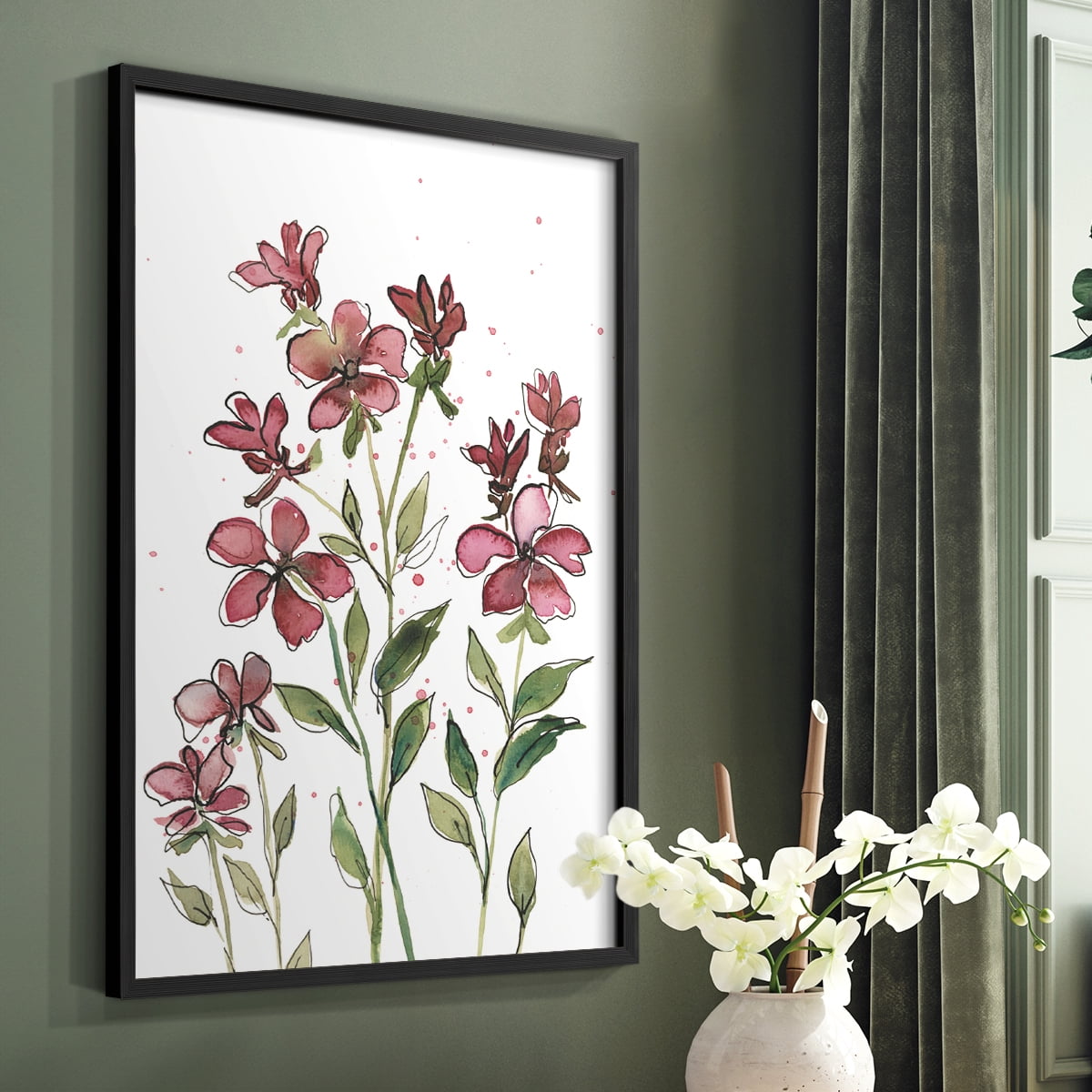 Watercolor Floral Stems II Framed Print in Black Solid Wood 16 x 20 Framed Print