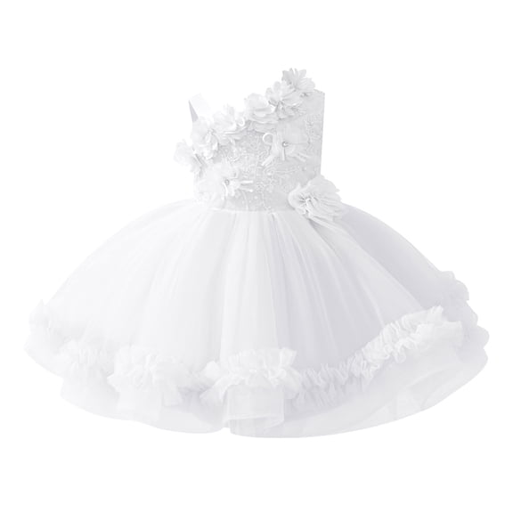 IBTOM CASTLE Baby Flower Girl One Shoulder Formal Wedding Dress 1st 2nd Birthday Cake Smash Outfits Toddler Prom Pageant Ball Gown 3-4 Years White