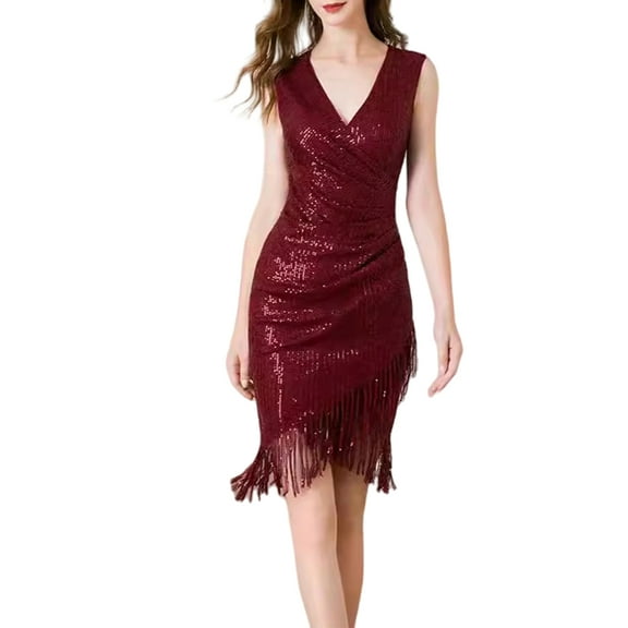 Huhudde Sophisticated Sequins Embellished Sleeveless Ruched Bodycon Dress with Asymmetrical Fringe Tassels Wrap V Neck for Women