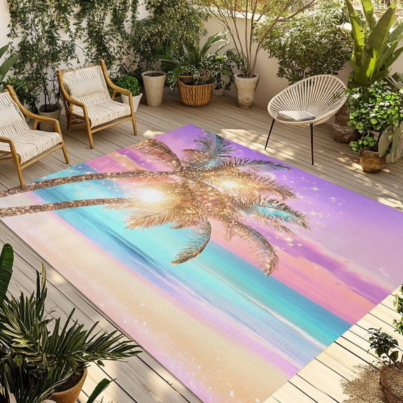 Fsddascl Coastal Outdoor Rug for Patio/Deck/Porch, Non-Slip Large Area Rug 4 x 6 Ft, Ocean Palm Tree Summer Beach Purple Blue Indoor Outdoor Rugs Washable Area Rugs, Reversible Camping Rug Carpet