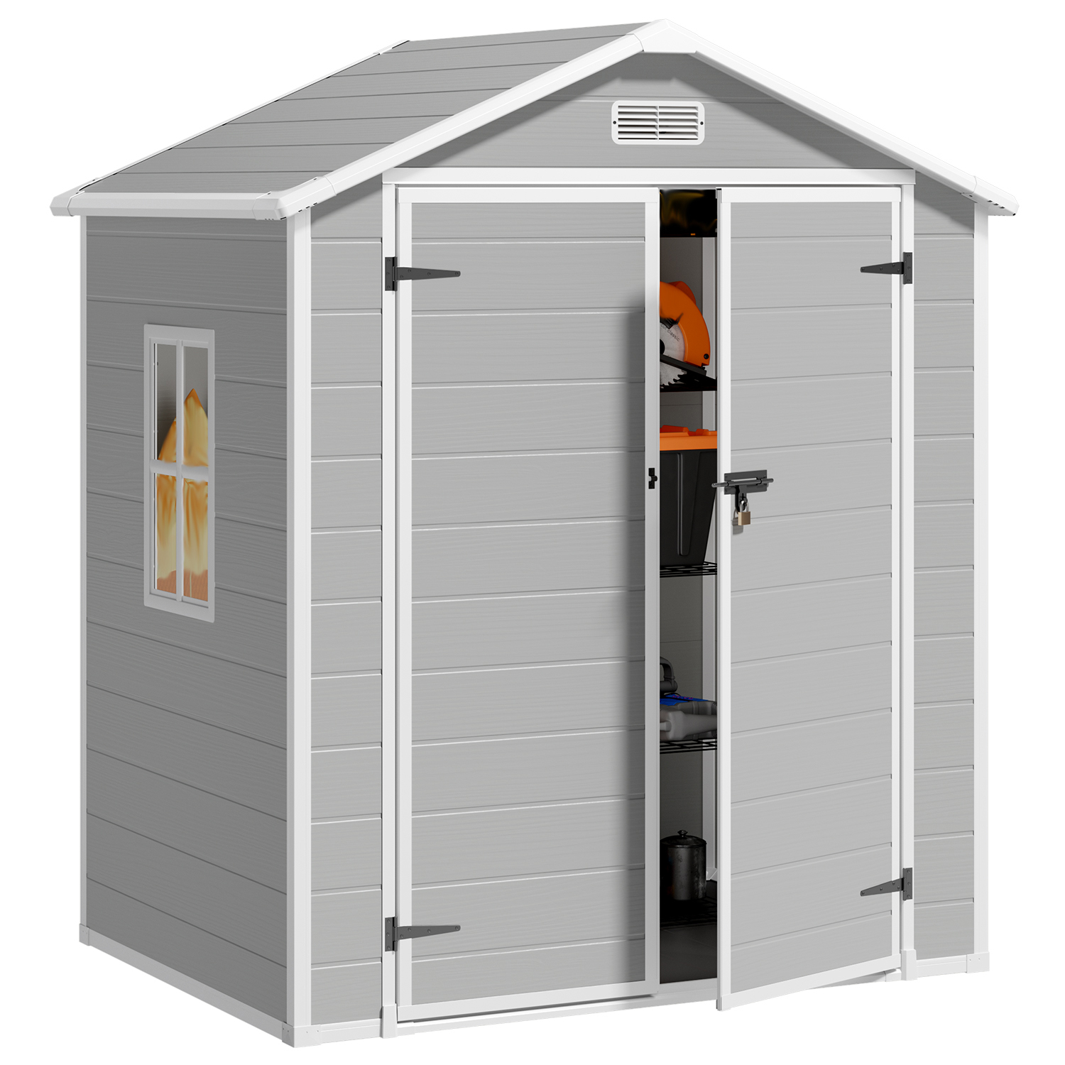 6x4 ft Outdoor Resin Storage Shed with Reinforced Floor, Colorfast Finish, and Double Lockable Doors, Suitable for Outdoors and All Weathers, Gray
