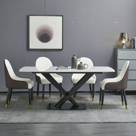 Leavader 63" White Polished Finish Stone Dining Table with Black Carbon Steel Base for 4-6 peoples, No Chairs