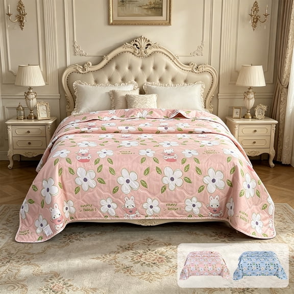 AZXY Summer Quilt, Queen Size Pink Bunny Floral Print Cooling Quilt, 70.87x78.74 in Polyester Bedspread Coverlet, Lightweight Breathable Washable Air Conditioning Thin Comforter for Hot Sleepers