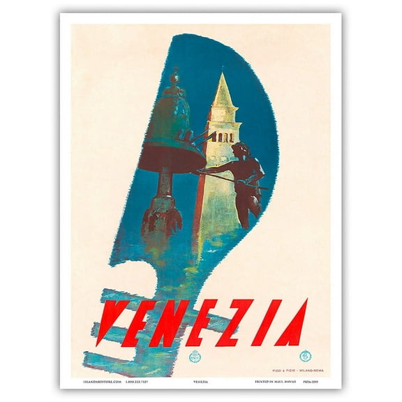 Venezia (Venice) Italy - Gondola Tail San Marco Piazza in background - Vintage Travel Poster c.1949 - Master Art Print (Unframed) 9in x 12in