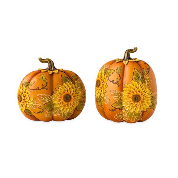 Evergreen Carved Pumpkins with Sunflowers, Set of 2