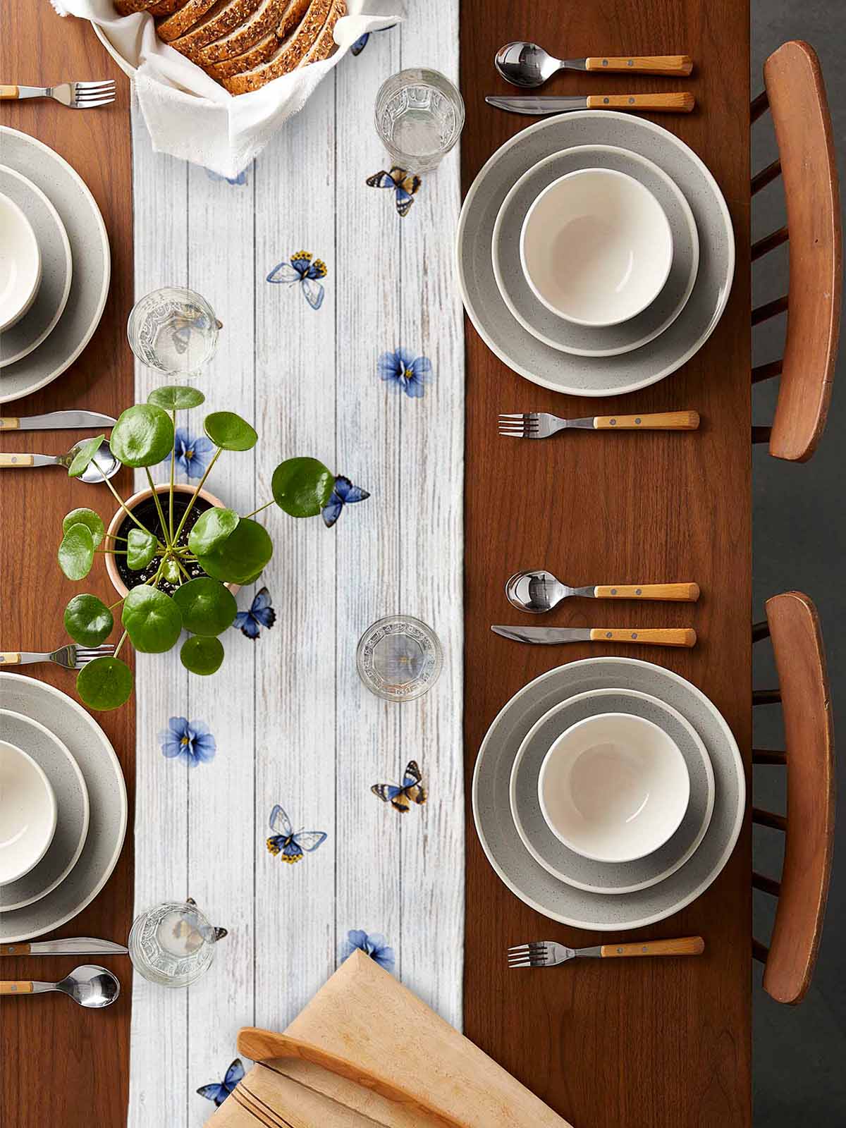 nqOlkjepod Butterflies Flower Table Runner 108 Inches Long Farmhouse Dress Scarves, Country Wood Grain Leaves Farmhouse Dining Tablerunner for Coffee Table/Kitchen Island/Party Décor, 13" x 108"