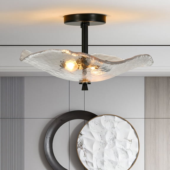 Black Flush Mount Ceiling Light Fixture 16.5x13.6x8.5 Inch Water Ripple Glass Shade Modern Semi Flush Mount Light for Bedroom Hallway Kitchen Porch RLB