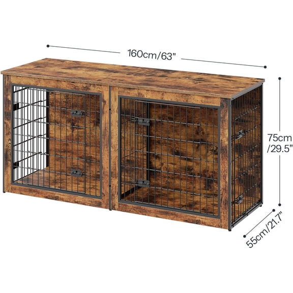 Double Dog Crate Furniture with Divider, 63 Inch Large Wooden Kennel TV Stand for Medium Large Dogs, Rustic Brown