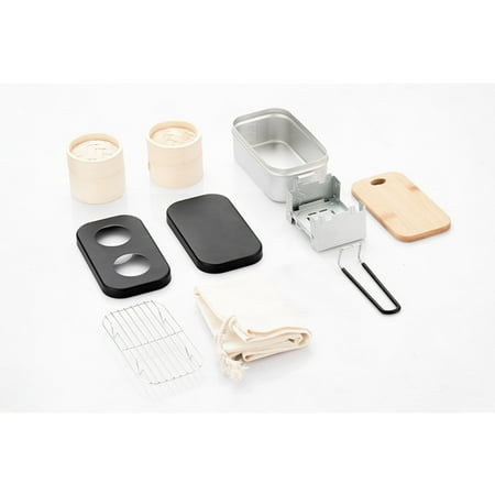 

Vistreck 7pcs Camping Cookware Mess Kit Aluminum Bento Box Food Container with Folding Steamer Rack Bamboo Steam Basket Cutting Board with Storage Bag Outdoor Cooking Set