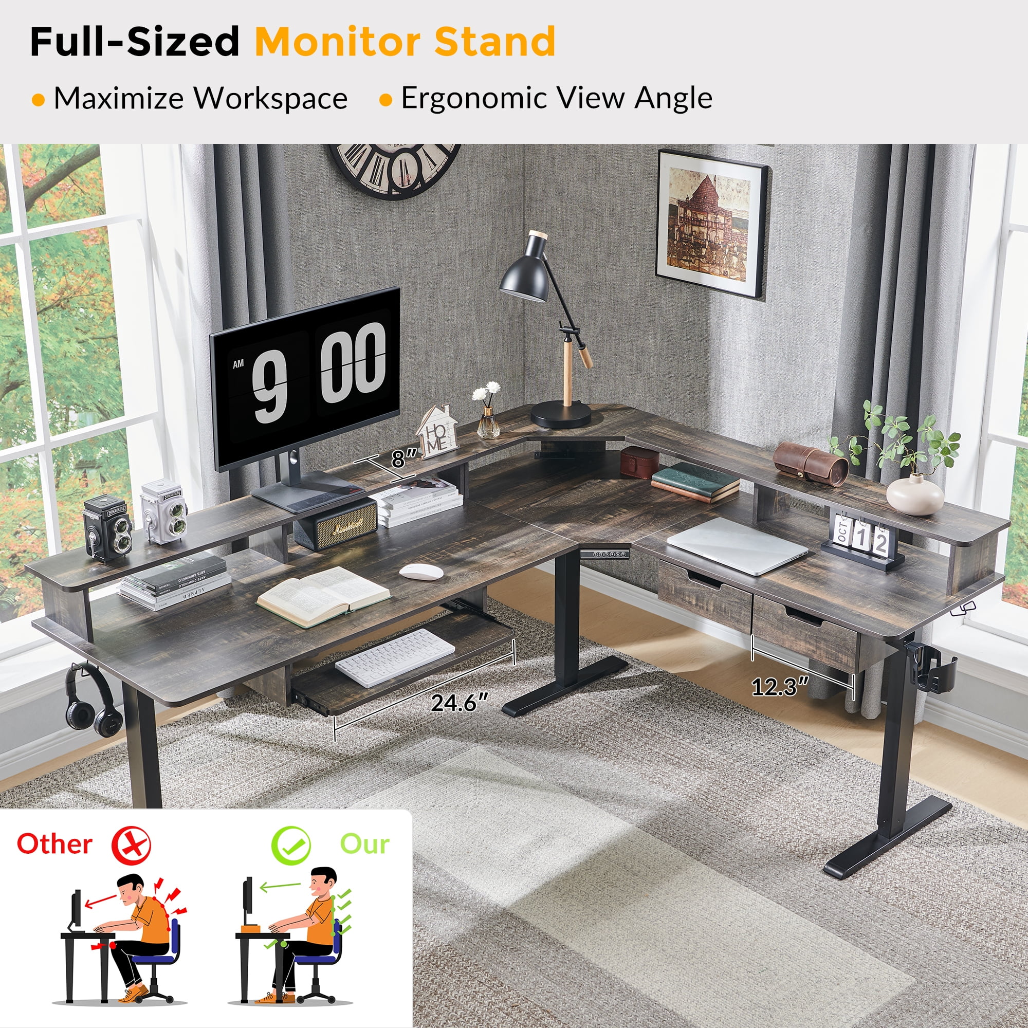 OKD 75" Electric Standing Desk with LED Strip & Power Outlets, L-Shaped Corner Desk with Shelves & Keyboard Tray, Adjustable Height Computer Desk, Dark Rustic Oak
