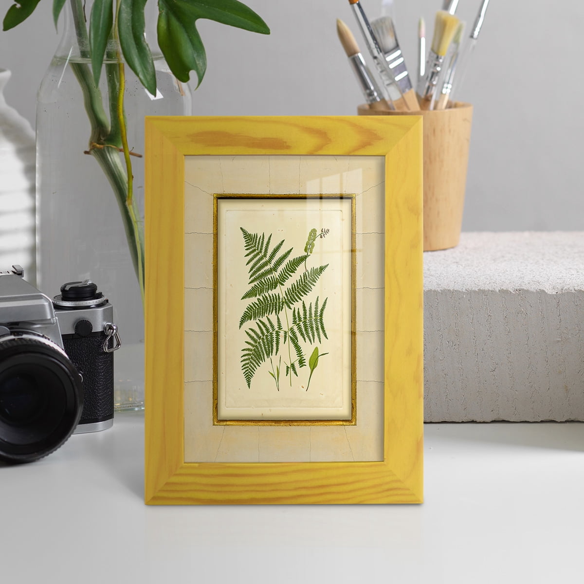 Fern with Crackle Mat (H) IV - Framed Print w/glass - Sunflower Yellow