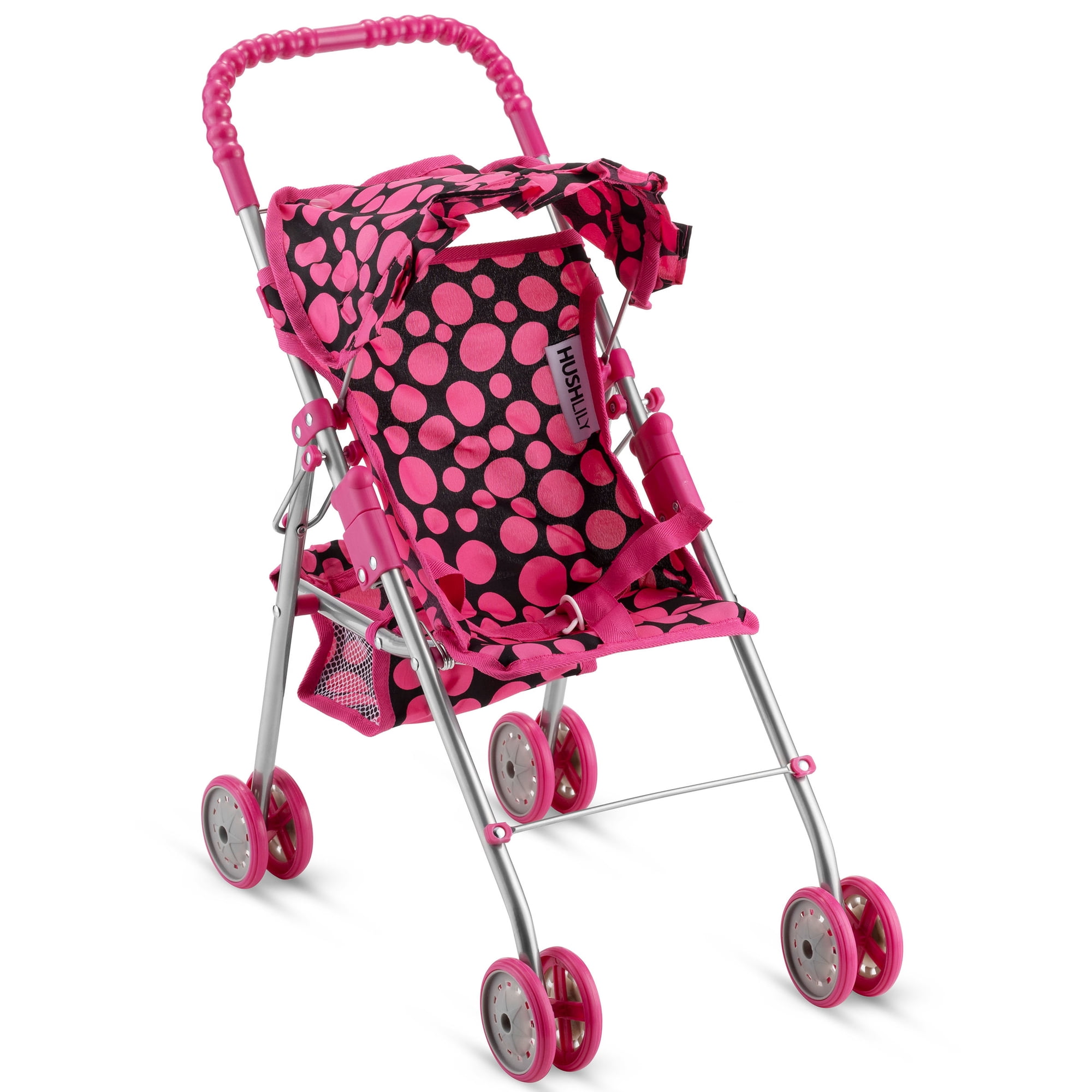 HUSHLILY - Foldable Baby Doll Stroller with Smooth Rolling Wheels with Adjustable Canopy & Basket - Pink & Black Polka Dots