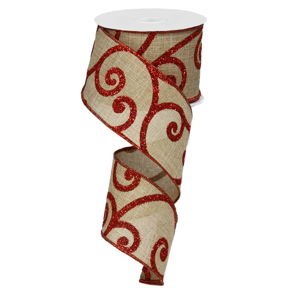 Christmas Scroll Wired Edge Ribbon for making Wreaths and Bows (2.5 Inches, Beige, Red) - 50 Yards