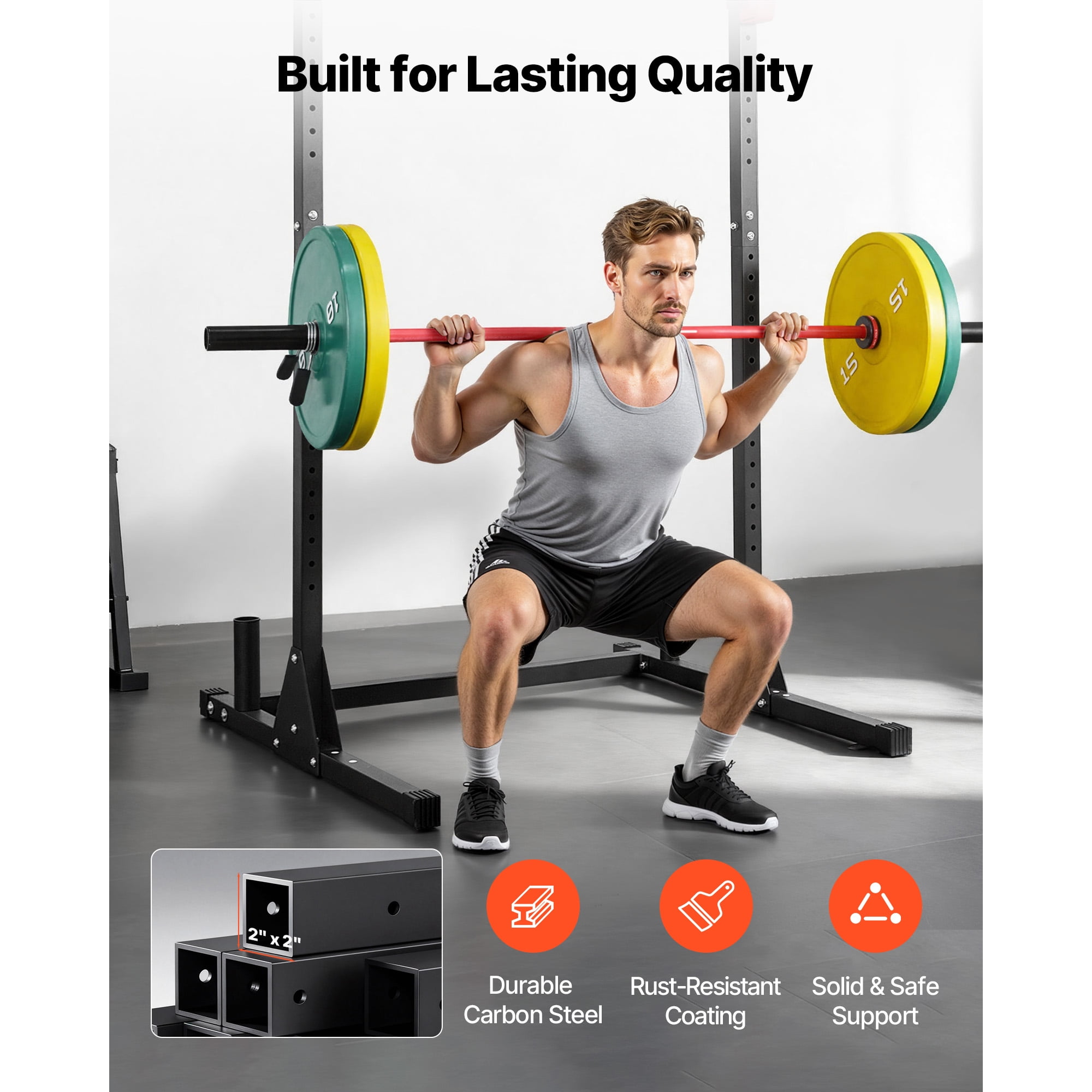 KFFKFF Power Cage Squat Rack, Versatile Workout Equipment with 28-Level Adjustable J-Hooks, 800LBS Capacity for Strength Training, Barbell Squats, Pull-Ups, and Weight Lifting at Home