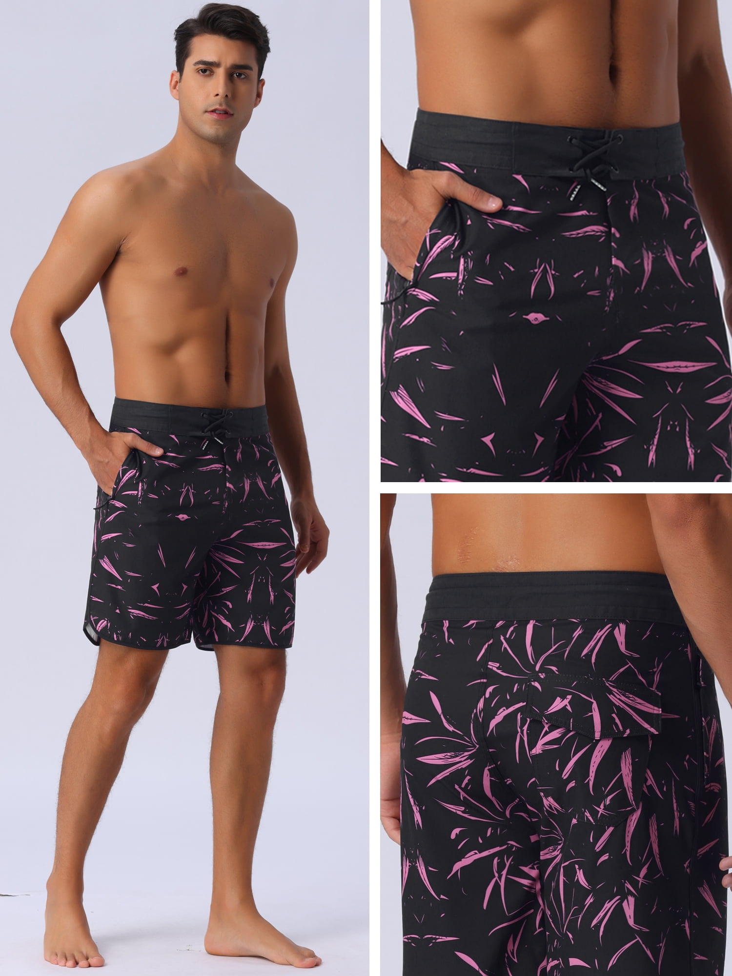 DARING DIVA Men's Elastic Waist Drawstring Hawaiian Print Athletic Swim Trunks 36 Black