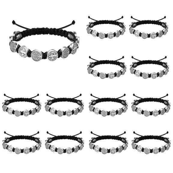 12 Pieces San Benito Bracelets Protection Handmade Red Black Cord Benedict Wrist Bracelets Adjustable Medal Rosary Bracelet Luck Benedictine Serenity Blessing Friendship Bracelet for Women Men