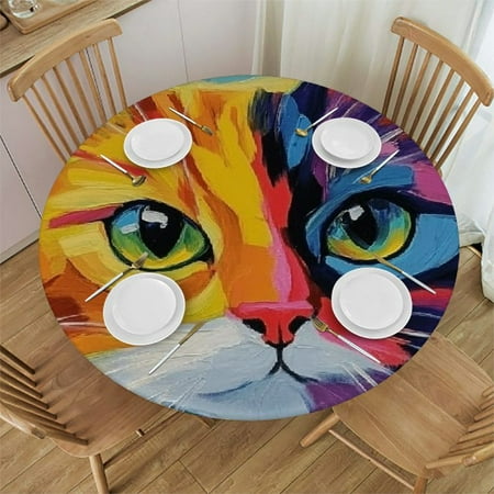 

Autua Colorful Cat Round Tablecloth 100% Polyester Stain-Resistant Washable Waterproof Outdoor Picnic Camping Indoor Kitchen Dining Party 54 -58