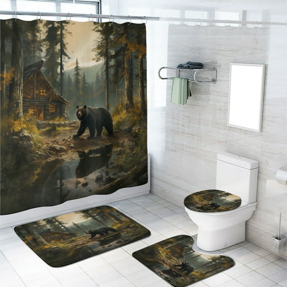 Rustic Bear Shower Curtain Set Farmhouse Lake Cabin Autumn Forest Hunting Bathroom Sets Decor Accessories with Non-Slip Rug Toilet Lid Cover Bath Mat and 12 Hooks, 72x72 Inch