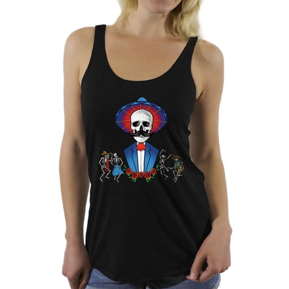 Awkward Styles Mustache Skull Racerback Tank Top Mexican Skull Tank for Women Sugar Skull Tank Top Dia de los Muertos Gifts for Her Day of the Dead Racerback Tank for Women Mexican Holiday Gifts