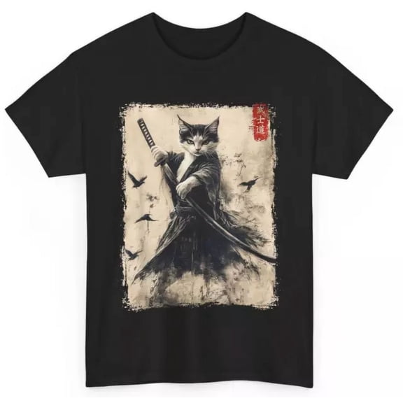 Vintage Samurai Cat Graphic Tee Warrior Vintage Japanese Art Anime T-Shirt Best Birthday Gifts