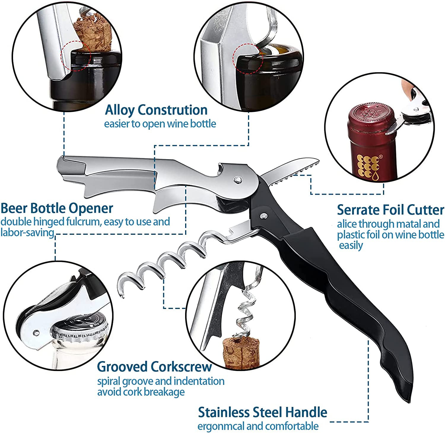 A Bar Above Wine Opener – Non-Stick Coated Screw Extractor for Wine Bottles w/Beer Bottle Opener Tool – Easy-to-Use Manual Wine Key – Beer & Wine