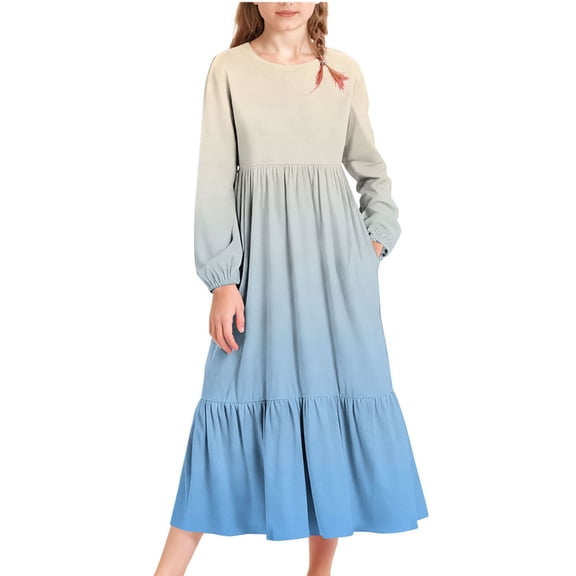 Scyoekwg Girls Dresses Cute Long Sleeve Crew Neck Gradient Comfy Hight Waistband Ruched Long Dress with Pocket Dresses, Navy, 4-5 Years