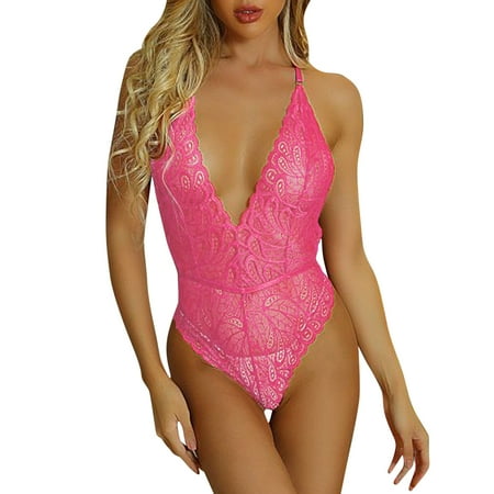 

Yubnlvae Women Night Wears Mesh Lingerie Lace Transparent Deep V Neck Backless Jumpsuit Underwear